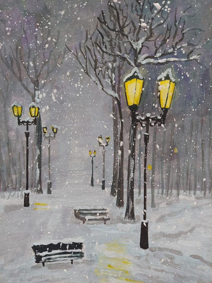 a painting of snow covered park benches and street lamps