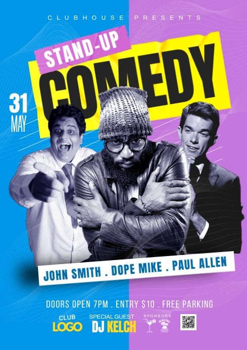 a poster for stand up comedy with two men in the middle and one man holding his arms crossed