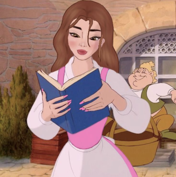 an animated image of a woman reading a book