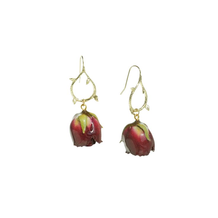 Elegant and blissful rose earrings featuring two carefully selected and preserved real rose in striking carmine red dangling from a textured golden branch hook. Wear them to elevate a crisp shirt or cashmere sweater. Material: rose, resin, 18k gold plated brass  One-of-a-kind: This piece of jewellery features real flowers, which are naturally irregular. This contributes to its beauty as a unique, one-of-a-kind item and therefore it may differ from the images shown.  How we preserve the flowers: Real Flower Jewellery, Red Carnation, Real Flower Jewelry, Real Rose, Jewelry Ring Box, Floral Jewellery, Rose Earrings, Flower Jewellery, Watch Necklace