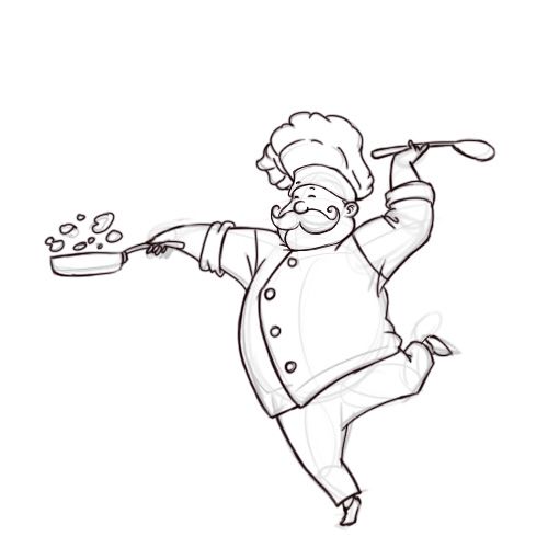 a drawing of a chef holding a spatula with food on it's side