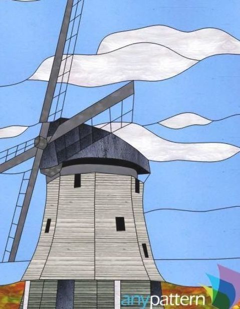 a drawing of a windmill with clouds in the background