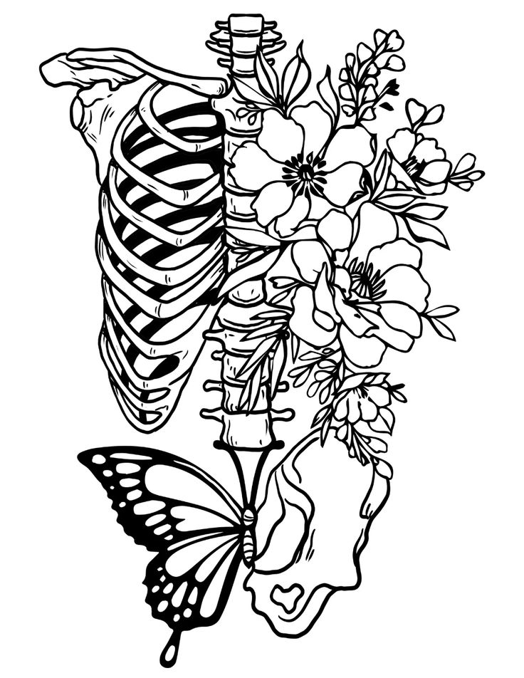 a skeleton with flowers and a butterfly