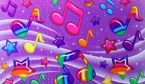 an abstract painting with musical notes and stars in the sky on a purple background,