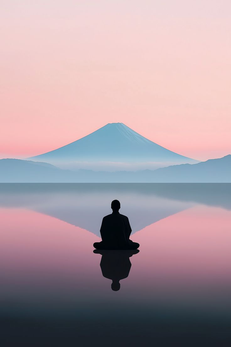 a person sitting in the middle of a body of water with a mountain in the background