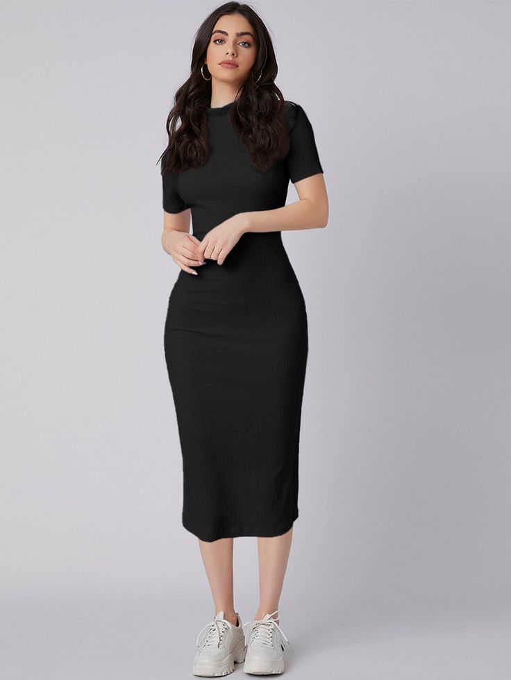 Black Casual  Short Sleeve Polyester Plain Bodycon  Slight Stretch Spring/Summer Women Dresses Black Bodycon Dress Outfit, Pencil Dress Outfit, Dress Design Ideas, Black Dress Outfit Casual, Black Skirt Outfits, Midi Dress Outfit, Informal Dress, Body Con Dress Outfit, Bodycon Outfits