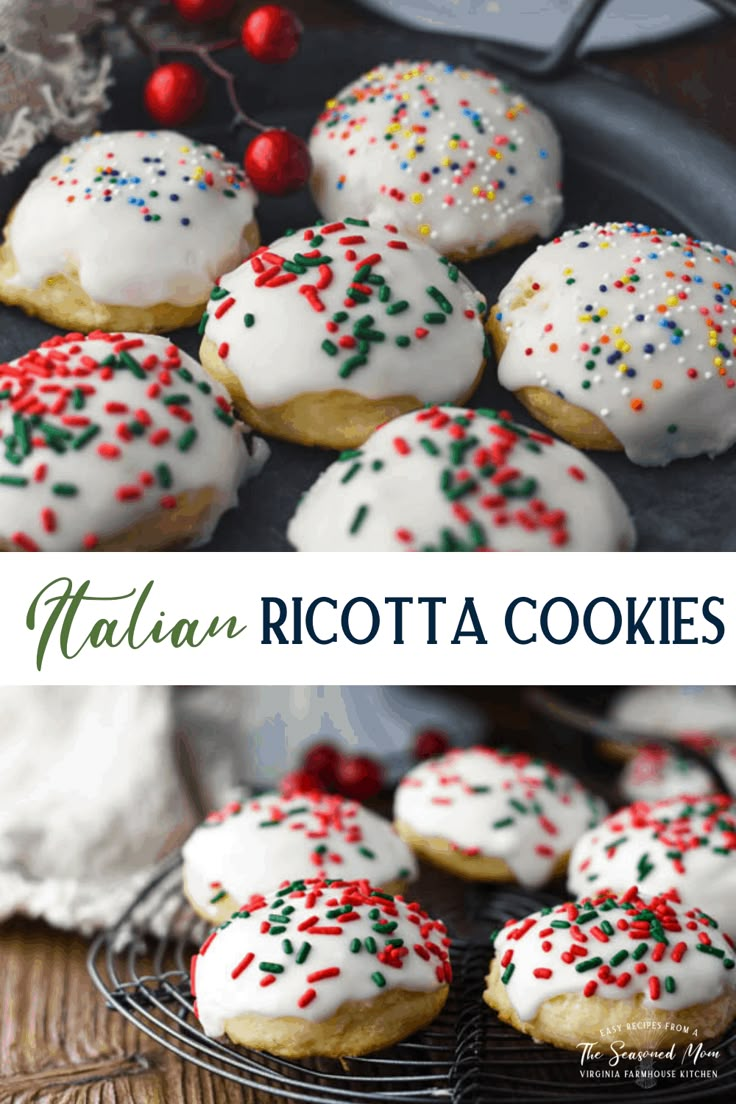 italian ricotta cookies with white frosting and sprinkles