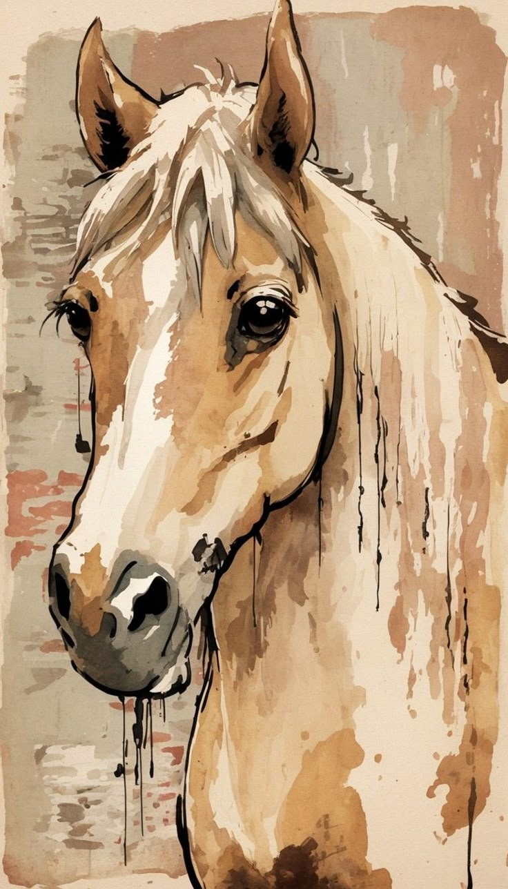 a painting of a brown horse with white hair