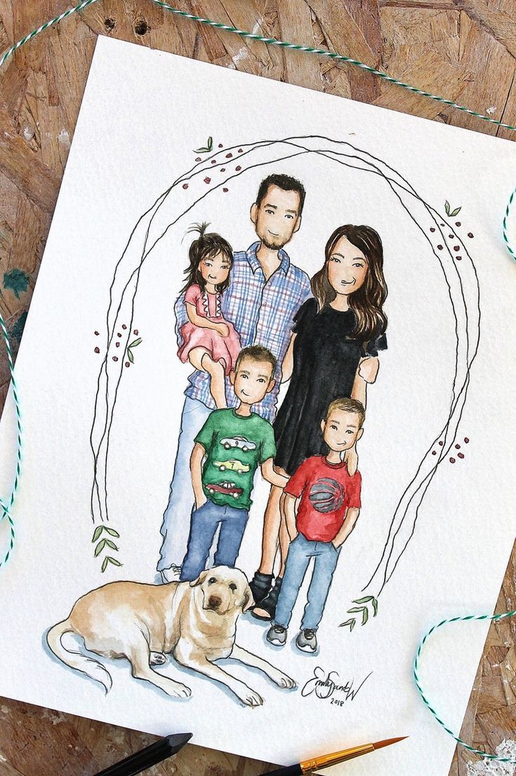 a drawing of a family with two children and a dog on a piece of paper