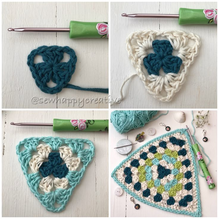 crocheted grannys are arranged in four different patterns