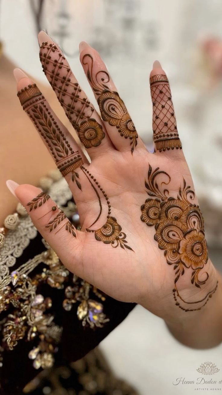 a woman's hand with henna tattoos on it