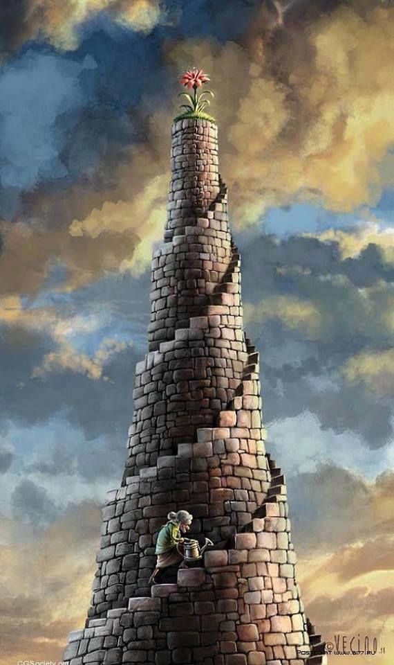 a man climbing up the side of a tall tower with a flower on it's top