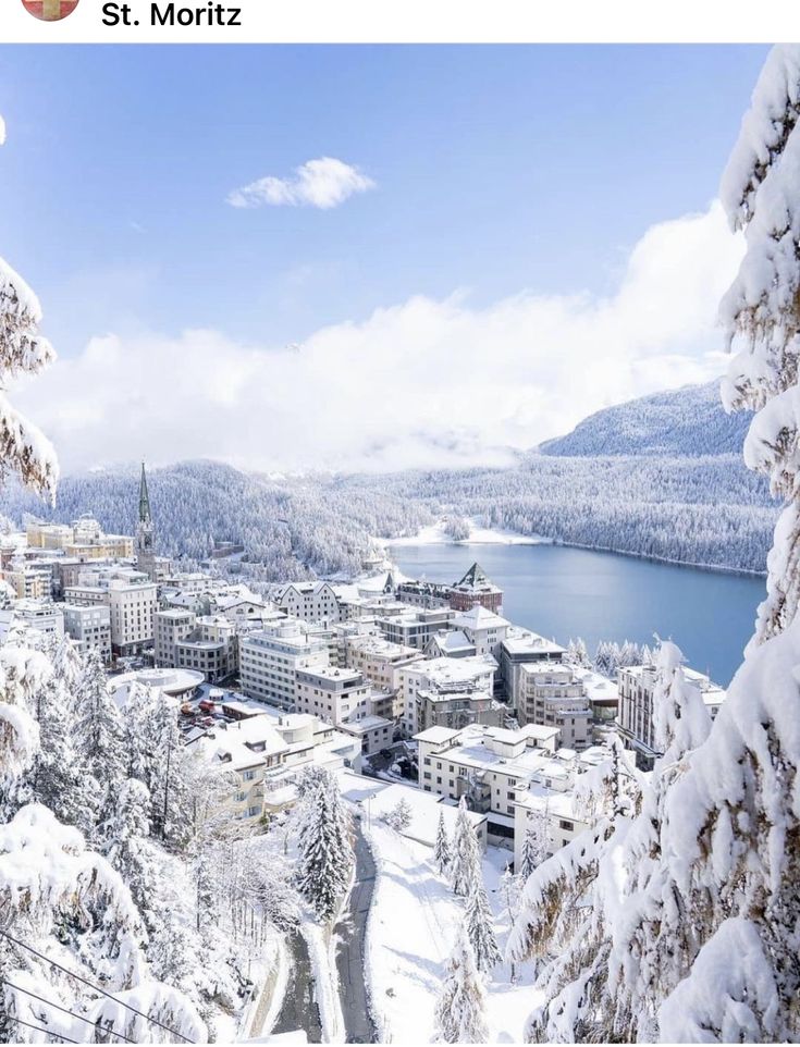 snow covered trees and buildings overlooking a lake in the distance, with mountains in the background