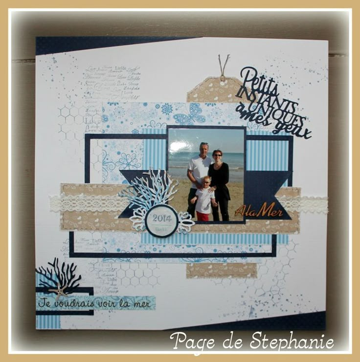 a scrapbook page with an image of two people and a child on the cover