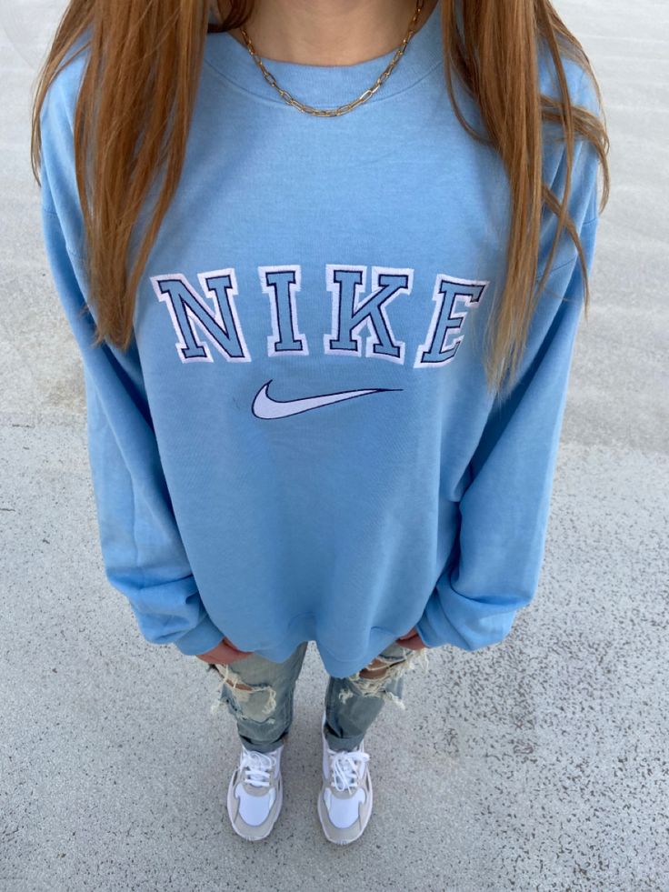 Preppy Nike Sweatshirt, Blue Nike Hoodies, Light Blue Nike Sweatshirt, Light Blue Nike Hoodie, Light Blue Sweatshirt Outfit, Nike Sweatshirt Outfit, Blue Sweatshirt Outfit, Blue Nike Crewneck, Nike Shirts Women's