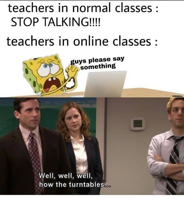 two people standing next to each other in front of a computer screen with the caption teachers in normal classes stop talking