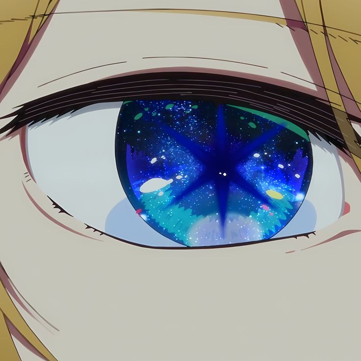 an anime character's eye with stars in the sky and blue eyeshade