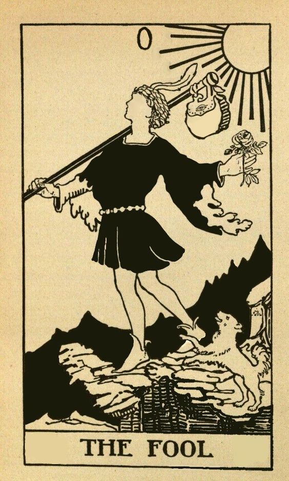 the fool tarot is depicted in this black and white illustration