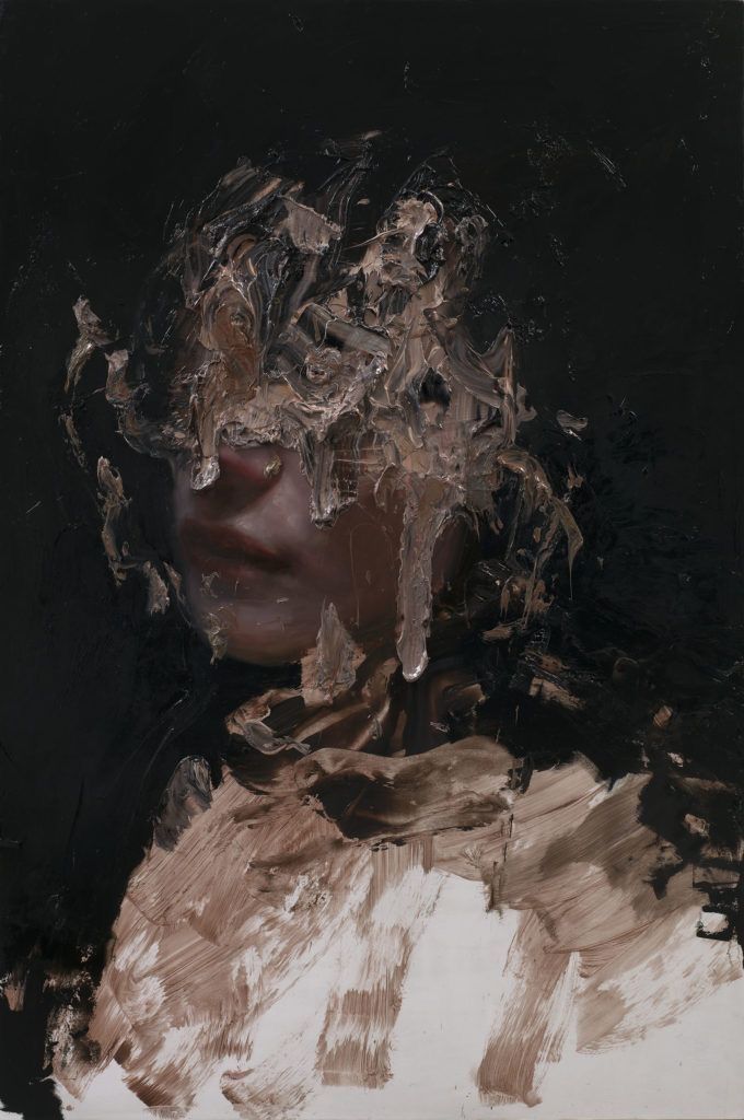 an abstract painting of a woman's face with hair blowing in the wind and her eyes closed