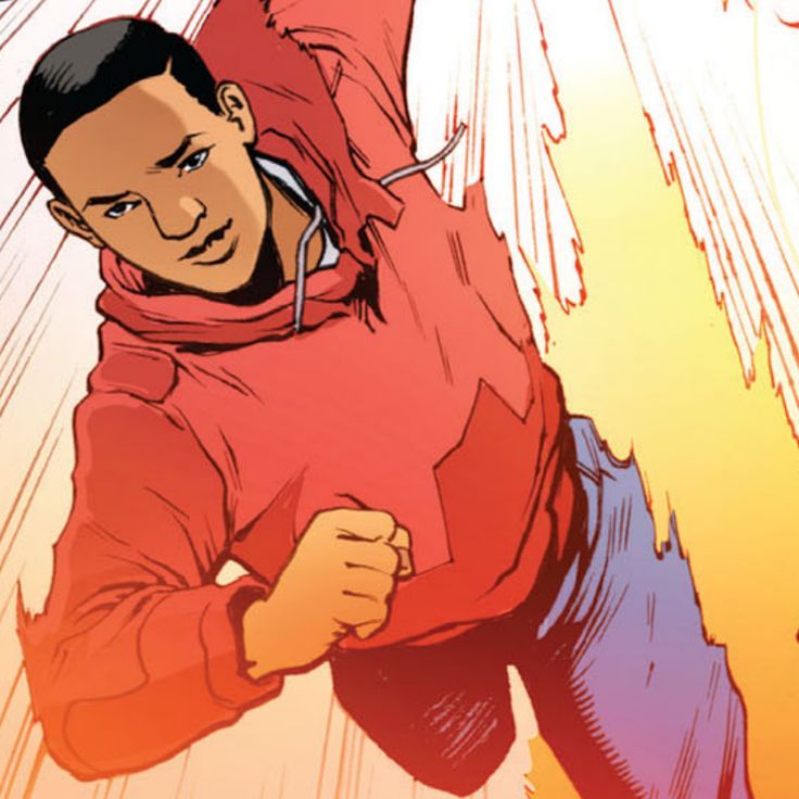 a man flying through the air while wearing a red jacket