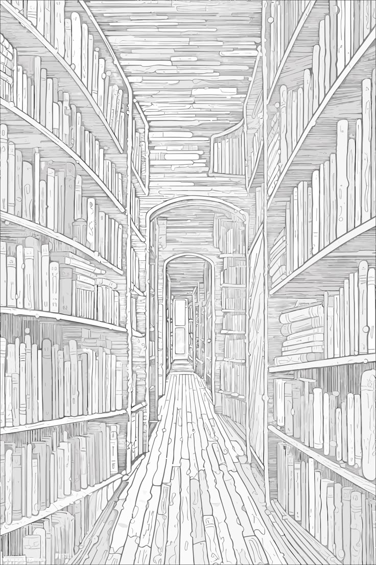 an ink drawing of a library with bookshelves and wooden floors, all lined up in rows