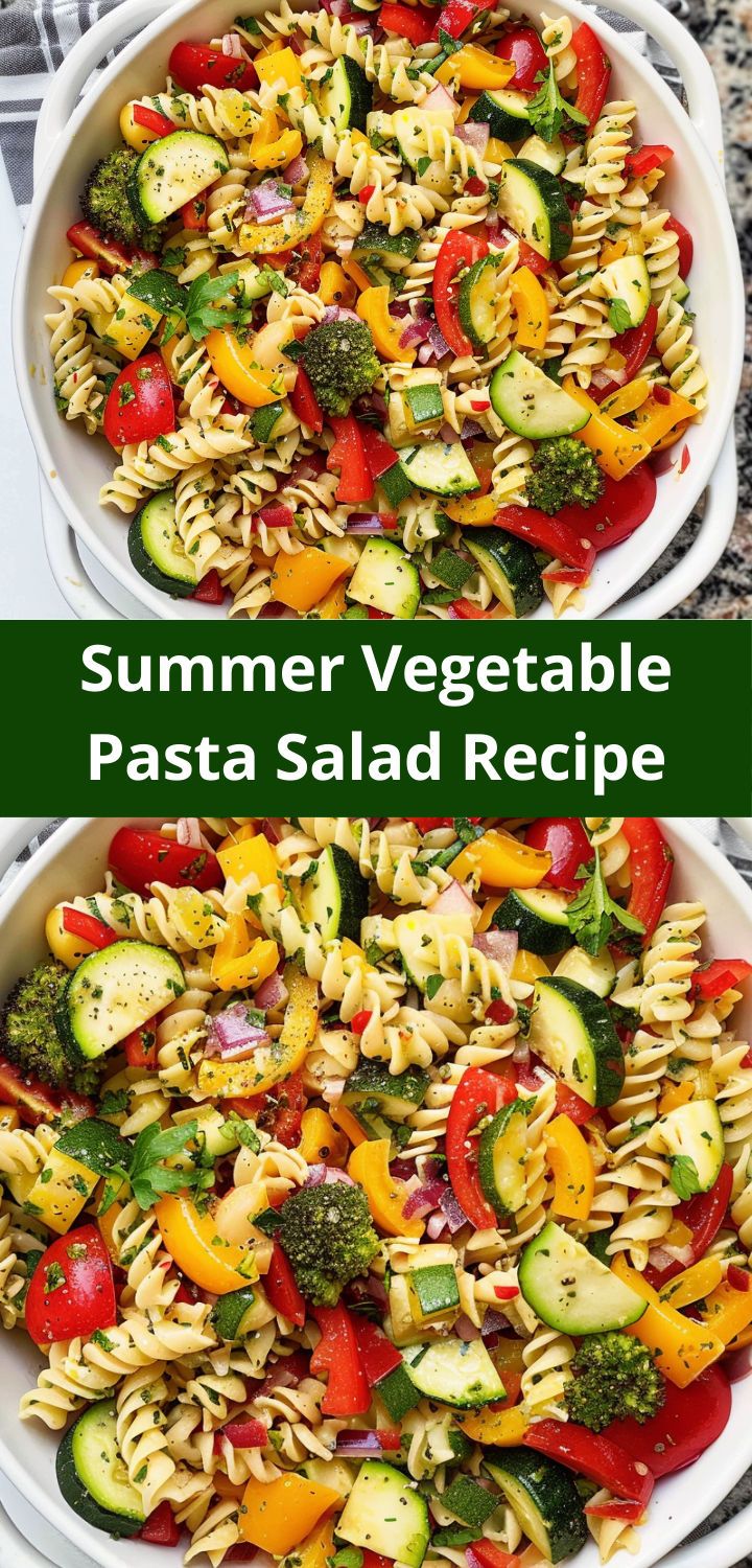 two white bowls filled with pasta salad on top of a marble counter next to a green sign that says summer vegetable pasta salad recipe