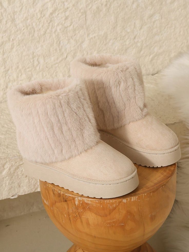 1pair Women's Solid Color Mid-Calf Furry Snow Boots With Thick PVC Soles, Fur Trimmed Top, Cozy And Warm, Autumn And Winter Beige         Women Shoes, size features are:Bust: ,Length: ,Sleeve Length: Cream Round Toe Winter Booties, Beige Round Toe Winter Booties, Beige Closed Toe Winter Booties, Winter Beige Closed Toe Booties, Casual Winter Booties With Plush Lining, Cozy Boots With Plush Lining And Round Toe, Comfortable Cream Winter Booties, Cream Casual Winter Booties, Casual Cream Winter Booties