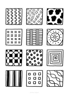 black and white squares with different designs on them, all drawn in one single line