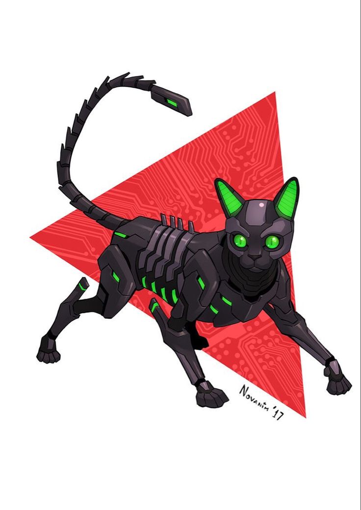 a black cat with green eyes standing in front of a red and white triangle shaped object