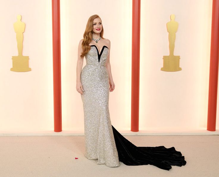 a woman in a silver and black gown standing next to an oscars red carpet