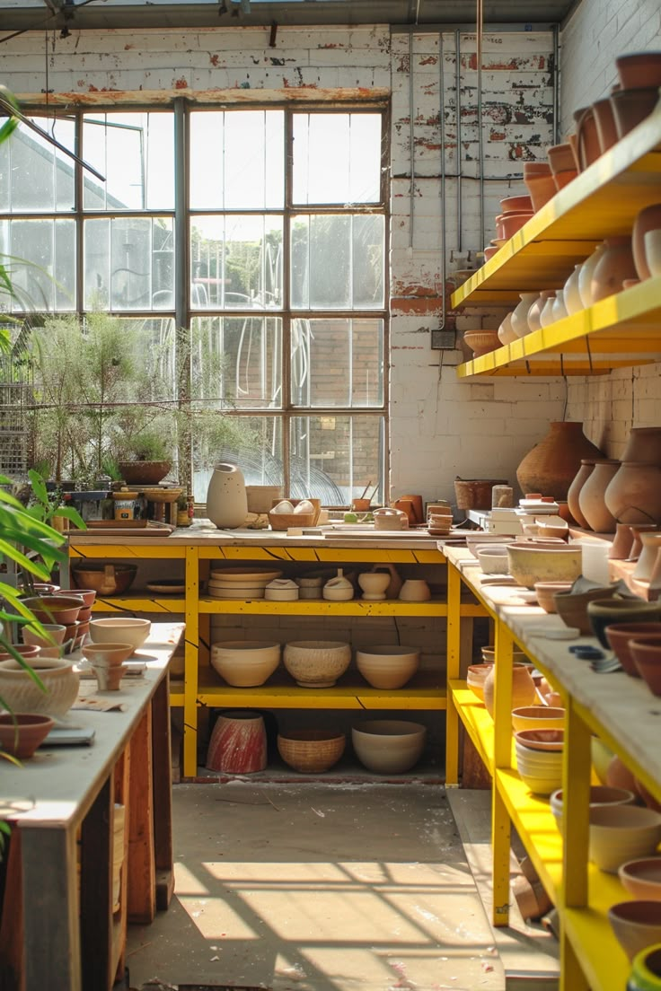 a room filled with lots of different types of pots and pans on shelves next to plants