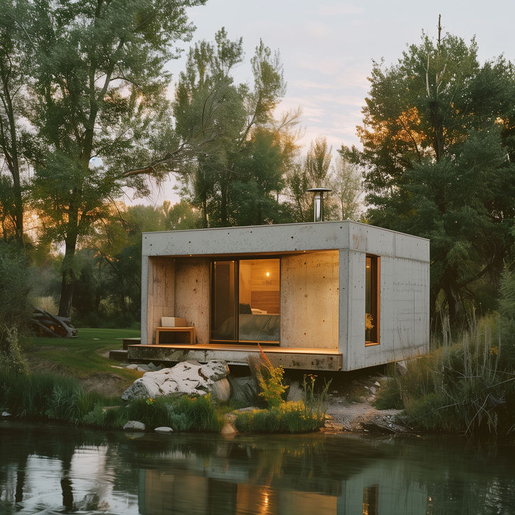 a small house sitting on top of a lush green field next to a lake at sunset