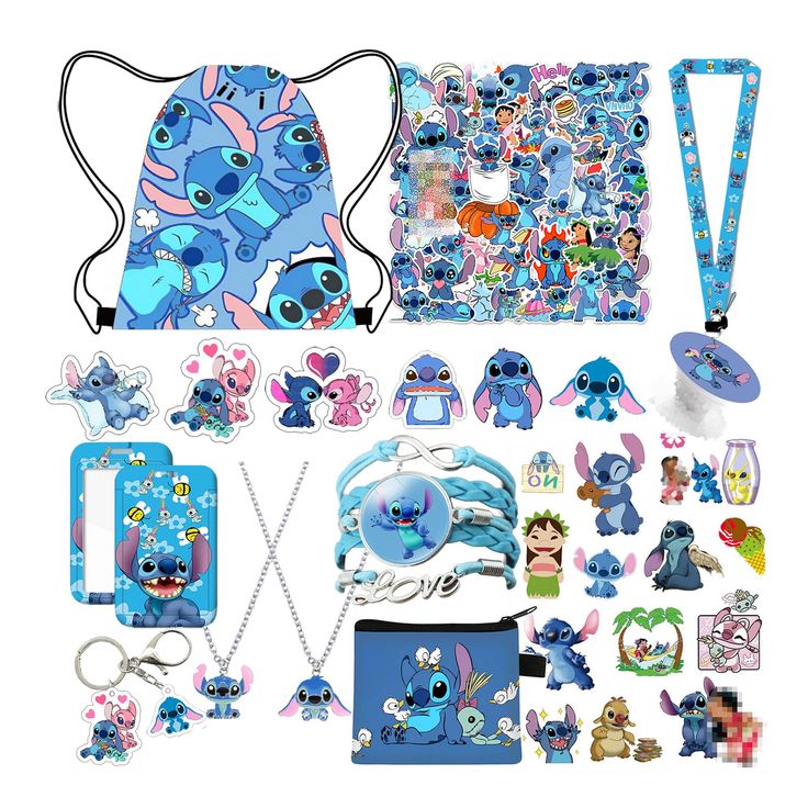 an assortment of cartoon items are displayed on a white background, including a backpack and keychain