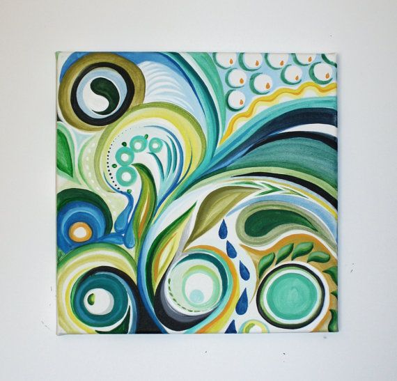 an abstract painting on a white wall with blue, green and yellow circles in the center