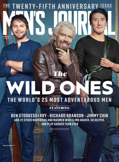 the cover of men's journal magazine featuring two men in leather jackets and jeans