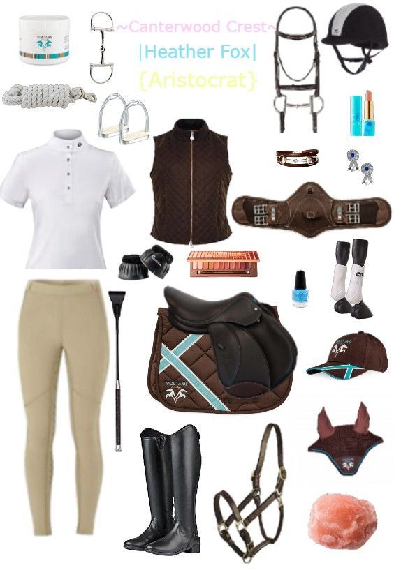 horse riding gear including boots, saddles and hats are arranged in the shape of a collage