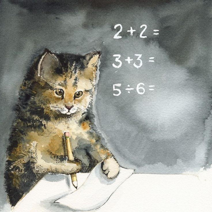 a painting of a cat holding a pencil in its paws and writing numbers on it