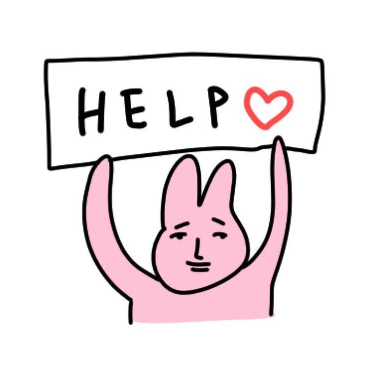 a pink bunny holding up a sign with the word help on it's chest