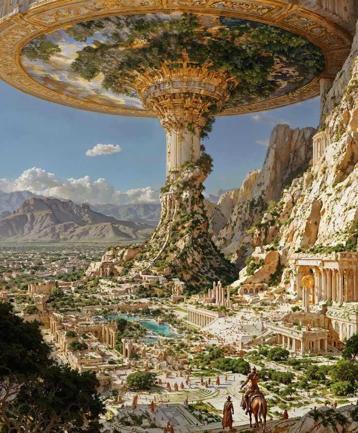 an artist's rendering of a city surrounded by mountains and trees, with people on horseback