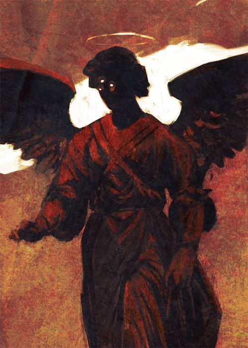 an angel with outstretched wings standing in front of a red background