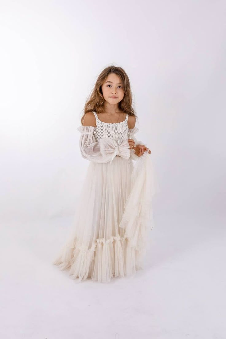 Light Cream Flower Girl Boho Gown With Off-shoulder Sleeves. | Etsy Off White Flower Girl Dress, Flower Girl Boho Dress, Flower Girl Dresses Colorful, Flowergirls Dress, Brides Made Dress, Flower Girl Boho, Flower Girl Dress Pattern, Beach Flower Girl Dresses, Unique Flower Girl Dresses