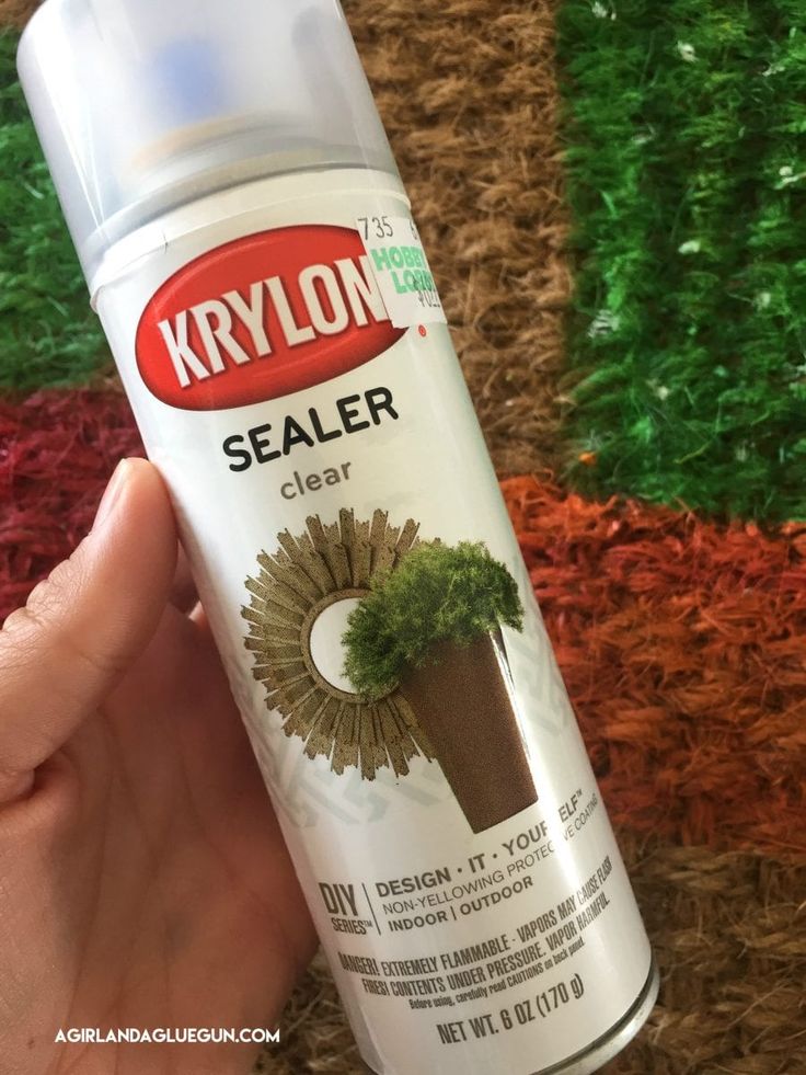 someone is holding a spray of krylon sealer on the ground with grass in the background