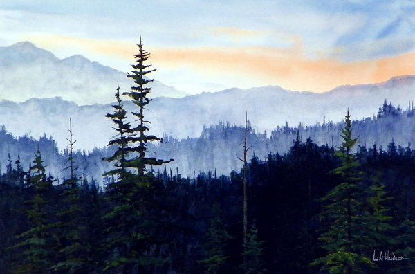 a painting of trees and mountains in the distance