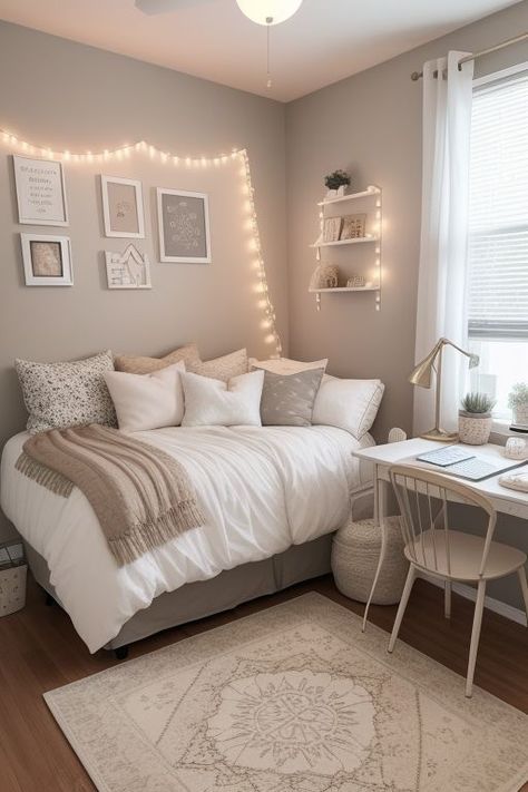 a white bed sitting in a bedroom next to a desk with a laptop on top of it