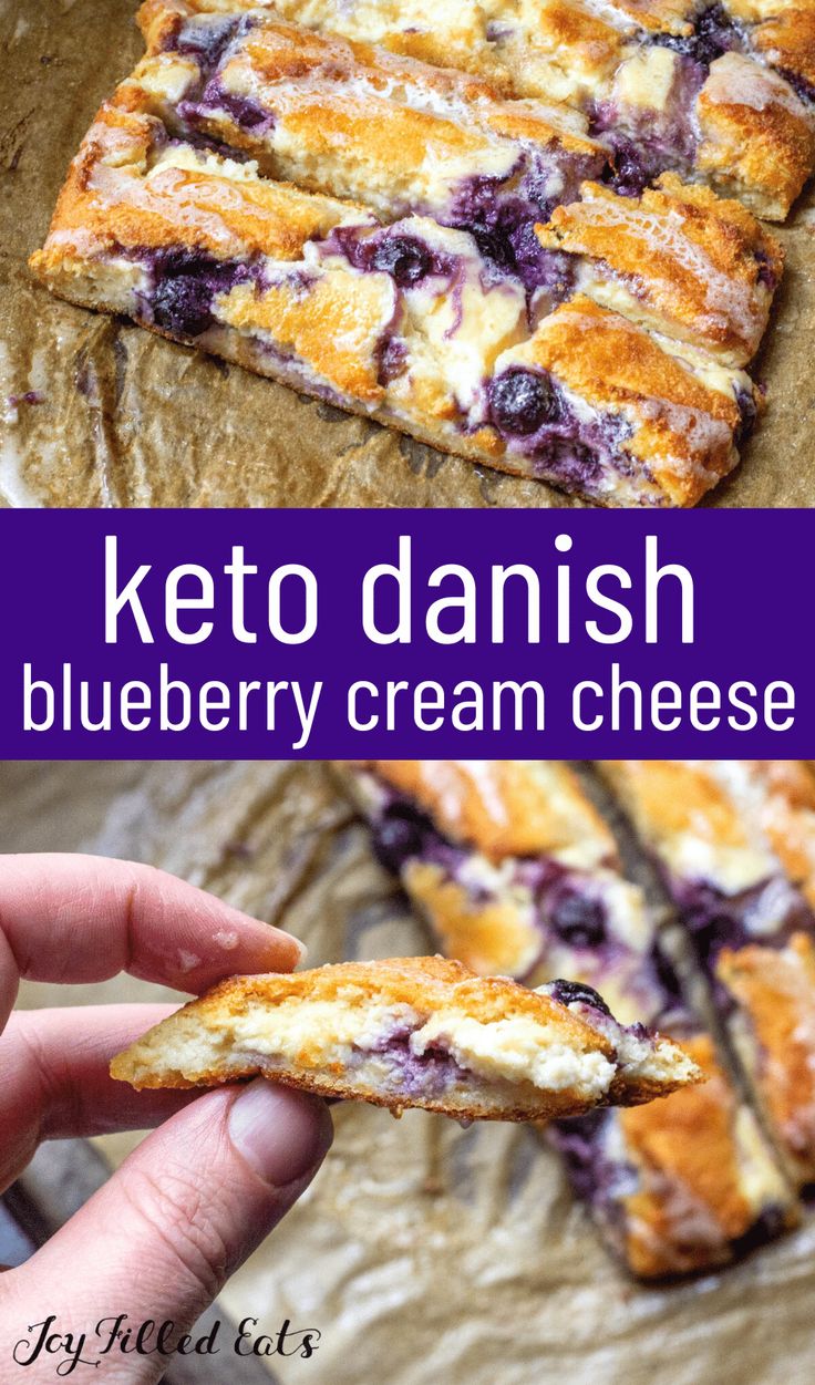 keto danish blueberry cream cheese is cut in half and being held by someone