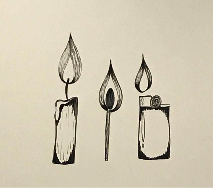 an ink drawing of three different types of fire extinguishers, one with a lit candle and the other with a lighter