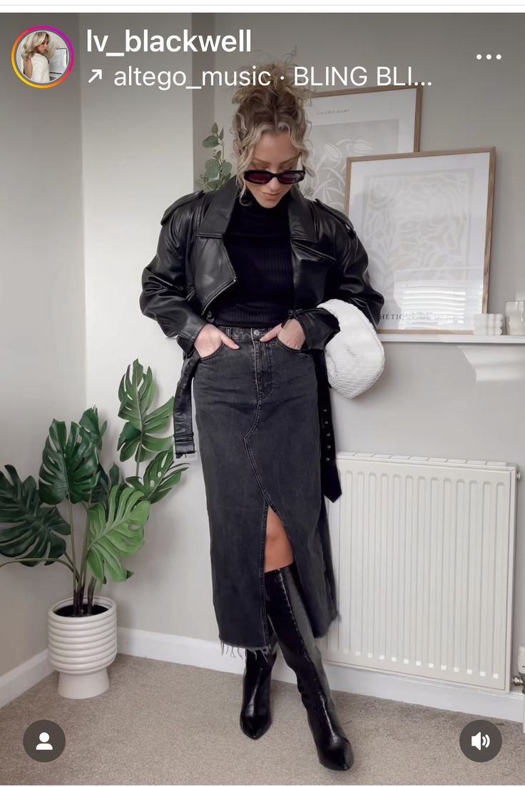 Jean Skirt Outfits Fall, Long Denim Skirt Outfits, Denim Skirt Outfit Fall, Denim Skirt Outfit Winter, Skirt Outfits For Women, Demin Skirt Outfit, Denim Midi Skirt Outfit, Black Denim Skirt Outfit, Long Denim Skirt Outfit