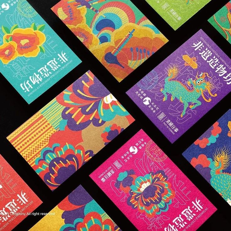 many colorful cards with different designs on them