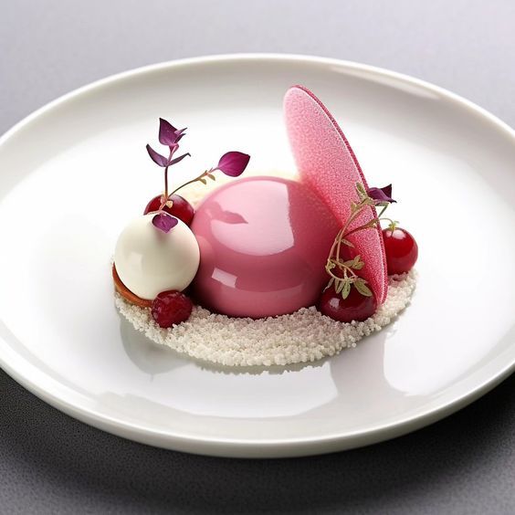 a plate that has some kind of dessert on it with berries and other food items