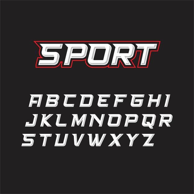 the font and numbers for sport are in red, white, and black letters on a black background